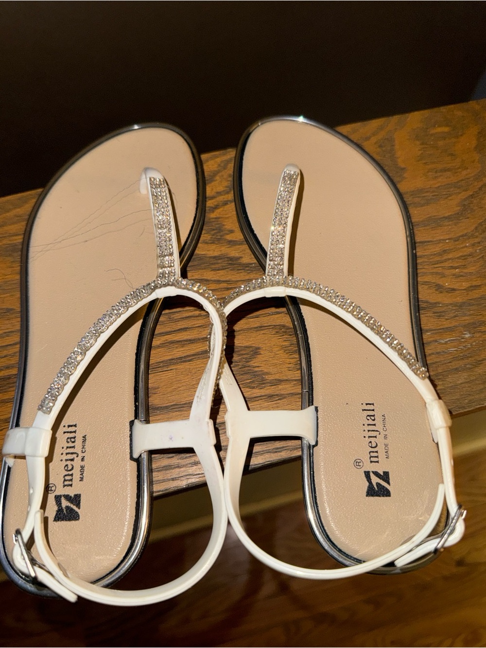 Women's White Rhinestone T-Strap Sandals